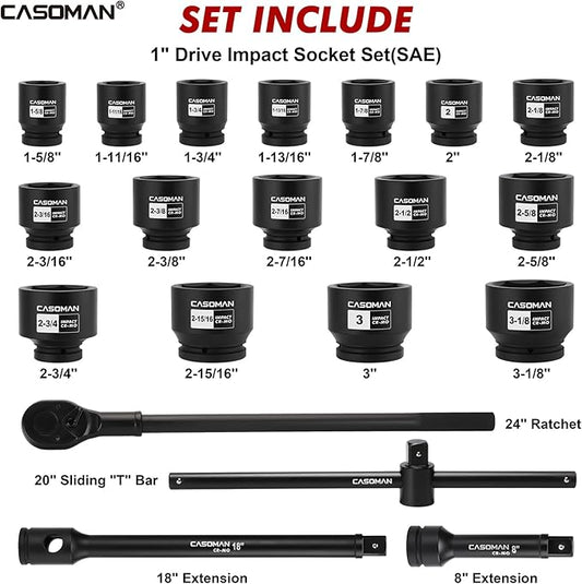 CASOMAN 21-Piece 1" Drive Jumbo Impact Socket Set, 6-Point, Shallow Large Socket Set, SAE (1-5/8" to 3-1/8"), Includes Extension Bars, Ratchet, CR-MO Steel