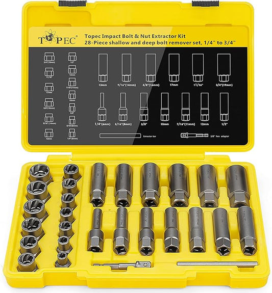 Topec Deep Bolt Extractor Set 28PCS, 3/8" Drive Bolt Extractor Kit, Spark Plug Extractor Socket Set, Lug Nut Removal Tool for Stripped, Broken, Rounded Bolts Lug Nut Stud Remove