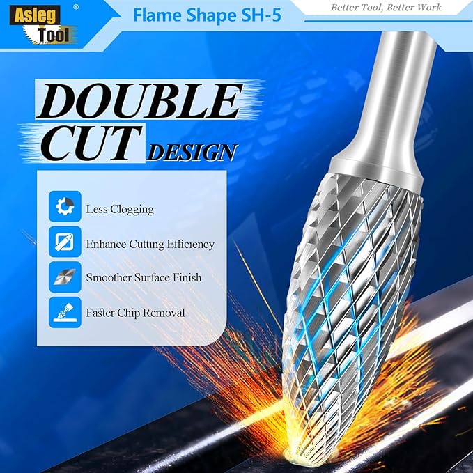 SH-5 Tungsten Carbide Burr Rotary File Flame Shape Double Cut with 1/4''Shank for Die Grinder Drill Bit - 10Pcs