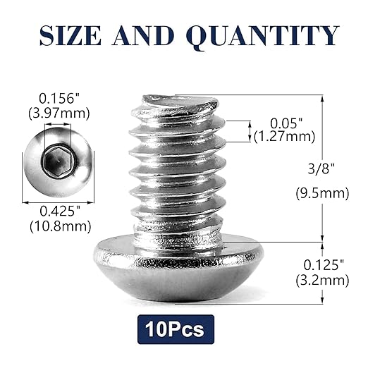 1/4-20 x 3/8" Button Head Socket Cap Bolts Screws, 10Pcs 304 Stainless Steel 18-8, Allen Hex Drive, Bright Finish by SG TZH(with Hex Spanner)