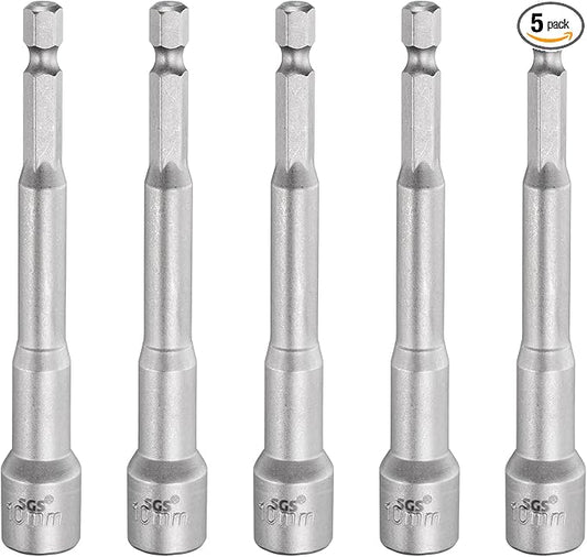 HARFINGTON 5pcs Nut Driver Drill Bit 10mm Metric Socket 1/4" Hex Shank 3.94" (100mm) Long Magnetic 6-Point Sockets Quick Change CR-V Steel Bolt Setters for Power Drill Drivers