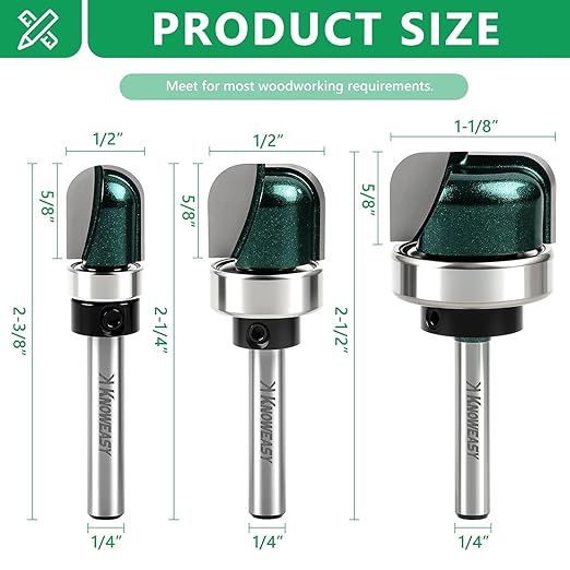 Knoweasy 3-Piece Bowl and Tray Router Bit Set with 1/4-Inch Shank, Carbide Tipped Round Nose Bits with Bearings for Juice Grooves, Includes 1/2, 3/4 and 1-1/8 Inch Sizes for Woodworking