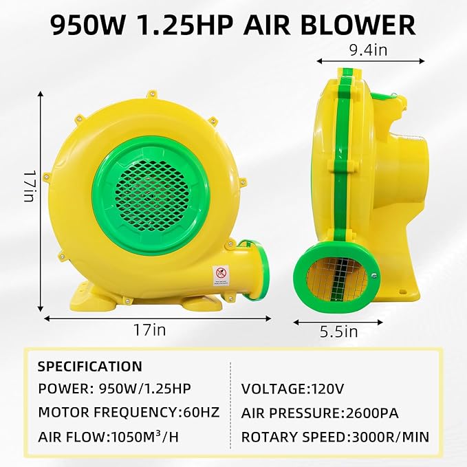Air Blower, 950W 1.25HP Bounce House Blower, Portable Pump Fan Perfect for Inflatable Bouncy Castle, Jumper, Water Slide, Leaf Blower Corded(950 Watt 1.25HP)