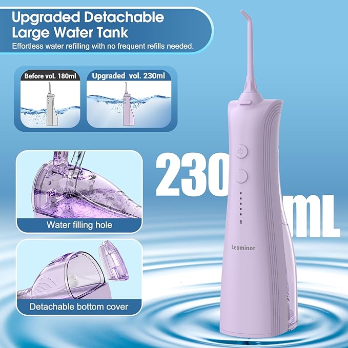 Leominor Water Dental Flosser - 5 Modes Cordless Oral Irrigator, IPX7 Waterproof, Rechargeable Teeth Cleaner Upgrade Datchable Tank Professional Flossing Cleaning Pick for Home Travel (Purple)