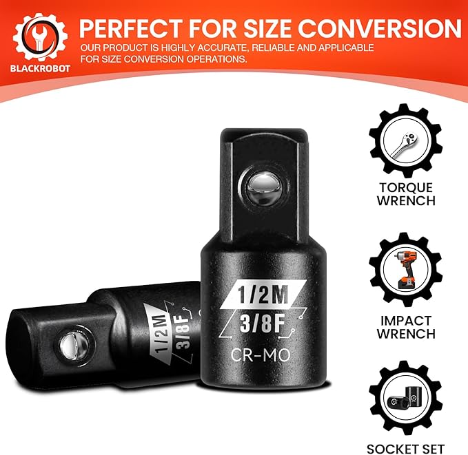 BLACKROBOT 2 Piece 3/8?쒯 To 1/2?쒶 Impact Socket Adapter Set,SAE Drive Cr-Mo Steel Exceeds ANSI Standards,Square Drive Reducer for Impact Driver Wrench