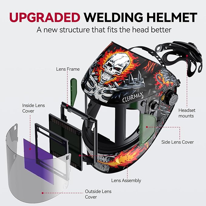 ARCCAPTAIN Super Large Viewing Welding Helmet with Side View, True Color 1/1/1/1 Solar Power Auto Darkening Welding Hood with 4 Arc Sensor, Wide Shade 4/5-9/9-13 for TIG MIG ARC Cut, Skeleton