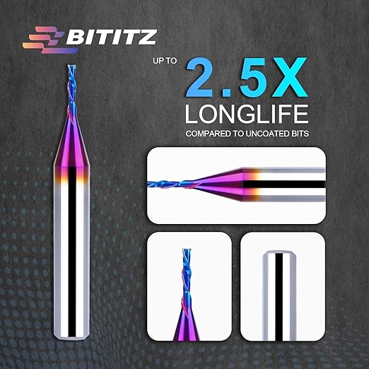 2PCS Downcut Spiral Router Bit 1/4 Inch Shank 1/16 Inch Cutting Diameter 1/4 inch Cutting Length with Extra Long Life Coating CNC Router Bits End Mill for Wood Cutting, Slot Mortise, Engraving