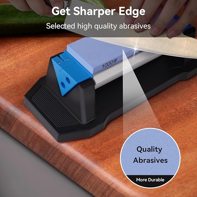 Knife Sharpening Stone, 3 Sides Grit 400/1000/5000, Whetstone Knife Sharpener with Non-Slip Base, Angle Guide & Leather Strop, for Kitchen Knives and Pocket Knives and More