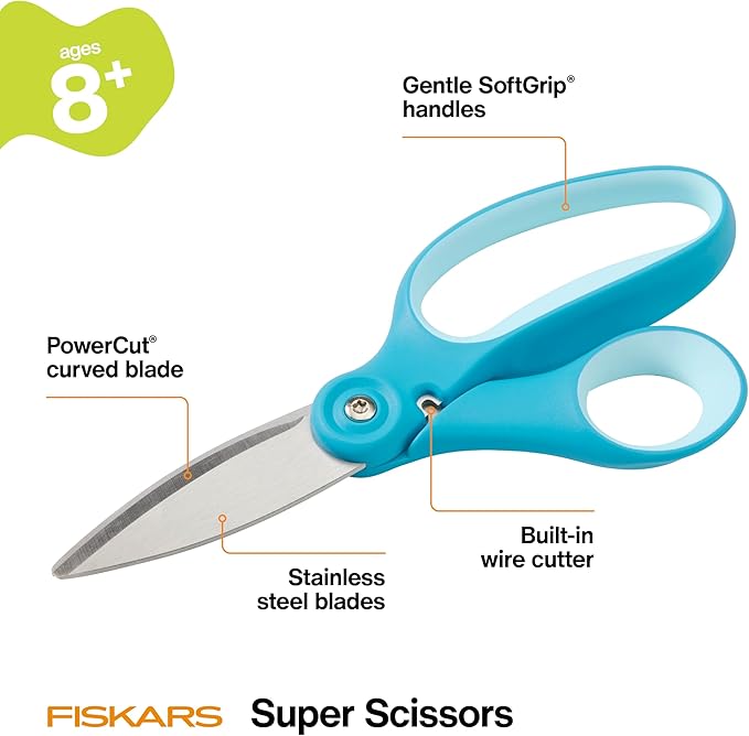 Fiskars Kids Super Scissors ??Cutting Power for Cardboard, Foam, Felt & More with SoftGrip Handles, For Crafting and School Supplies, 6 inches