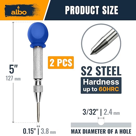 ALBO Spring Loaded Center Punch Tool ??5 Inch Automatic Punch for Metal, Wood & Steel ??Heavy Duty Drill Punch with Non-Slip Comfort Cap, Galvanized Finish & Precision Tip for Accurate Marking (2pcs)