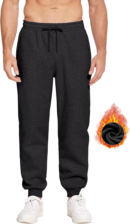 PINSPARK Men's Fleece Joggers with Zipper Pockets Tapered Sweatpants Cotton Sweat Pants for Mens Heavyweight Lounge Pants