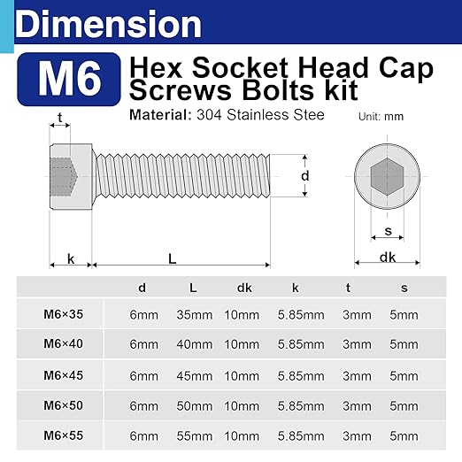 35Pcs M6 Hex Socket Head Screws, Stainless Steel Full Thread Bolts Assortment Kit in 35mm, 40mm, 45mm, 50mm, 55mm