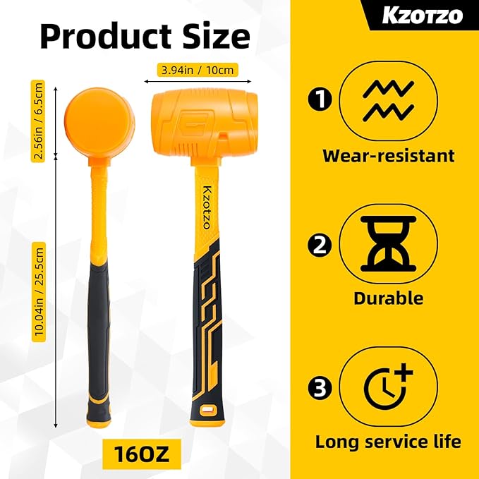 16oz Rubber Mallet Hammer, Fiberglass Handle, Rubber Mallet for Flooring, Tent Stakes, Woodworking, Camping, Soft Blow Tasks without Damage， 2025 upgraded seamless rubber hammer（yellow） (16OZ)