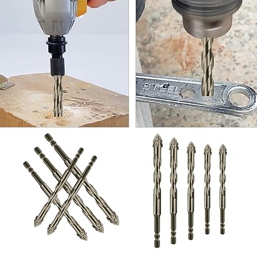5 Piece 4 Tooth Drill Bit High Strength Eccentric Drill Bit Set for Concrete/Glass/Cast Iron/Tile/Wood. Hexagonal Shank Drills, Short bits, Reduced Vibration, Dry Drills, Sizes: 6+6+8+10+12 mm
