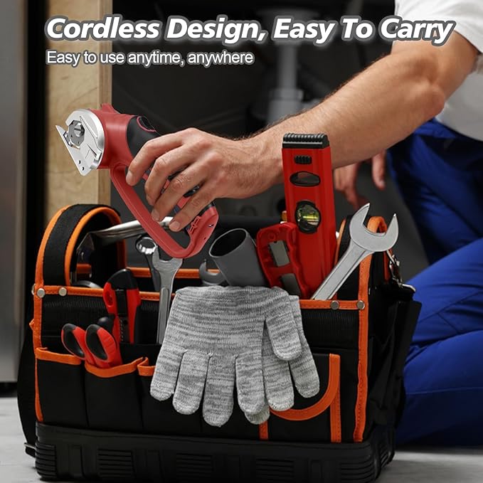 Cordless Electric Scissors, 4V Rechargeable Box Cutter & Cardboard Cutter with LED Light, Safety Lock - Rotary Cutter for Fabric, Leather, Carpet, Plastic, Crafting, Sewing with Storage Box (Red)