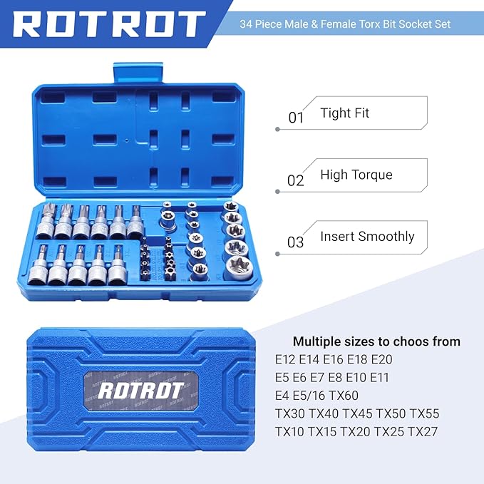 34-Piece Torx Star Bit Socket Set,CR-V Steel, E4-20, T10-60, Tamper Proof Set TT10-TT55, 5/16"F to 3/8"M adapter with Storage Case, Ideal for Car,Trucks,Home Improvement