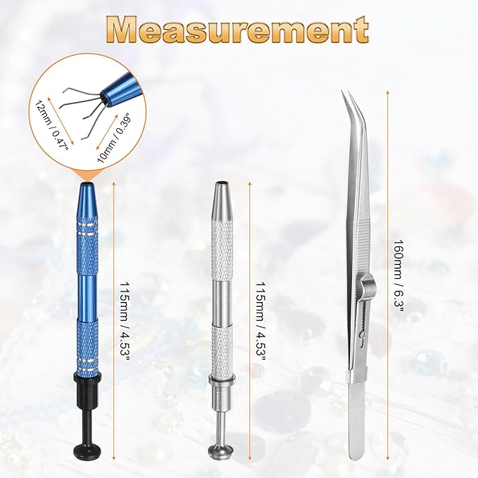 HARFINGTON 3pcs Diamond Tweezer Holder Pick Up Tool Set Stainless Steel 4 Claw Holder Elbow Head Jewelry Locking Tweezer for Tiny Objects Electronic Components, Silver/Blue