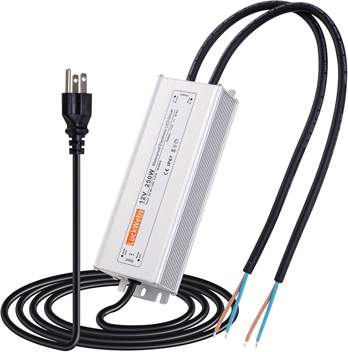 LED Driver 12V250W Waterproof Power Supply AC 90-130V to DC 12V20.8A Low-Voltage Transformer IP67 Converter Suitable for Indoor Outdoor 12 Series LED Strip Lights
