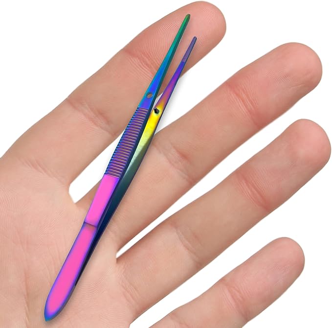 Iris Forceps 4" Rainbow - Fine Tips, Slip-Resistant Grip, Multicolor Stainless Steel Precision Craft Tool for DIY Enthusiasts