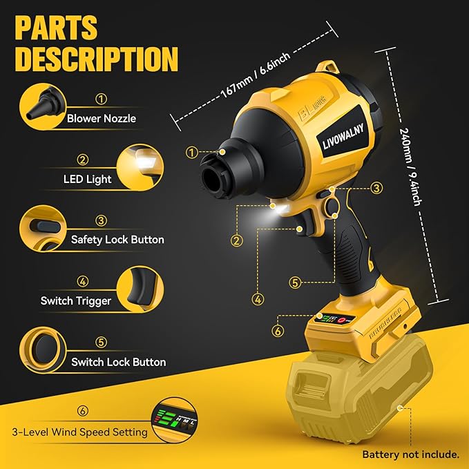 LIVOWALNY Cordless Dust Blower Compatible with Dewalt 20V Battery, Leaf Blower Brushless Handheld Sawdust Blower 447 MPH/39 CFM for Garages, Sawmill Room, Workshop Cleaning (No Battery)