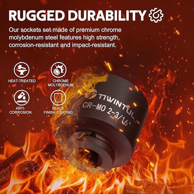 2-3/16'' Impact Socket 1" Drive, Deep 6 Point Large Impact Socket, CR-MO Weighted Big Socket, Heavy Duty 1 Inch Socket for Semi Truck, Hydraulic Cylinder, Oil Rig & Rail Equipment