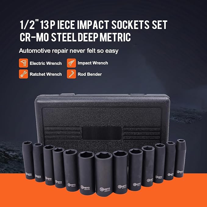 1/2" Drive Deep Impact Socket Set, 13 Piece and Metric 10-24mm, 6 Point Cr-V Alloy Steel for Auto Repair, Easy-to-Read Size Markings, Rugged Construction, Storage Case