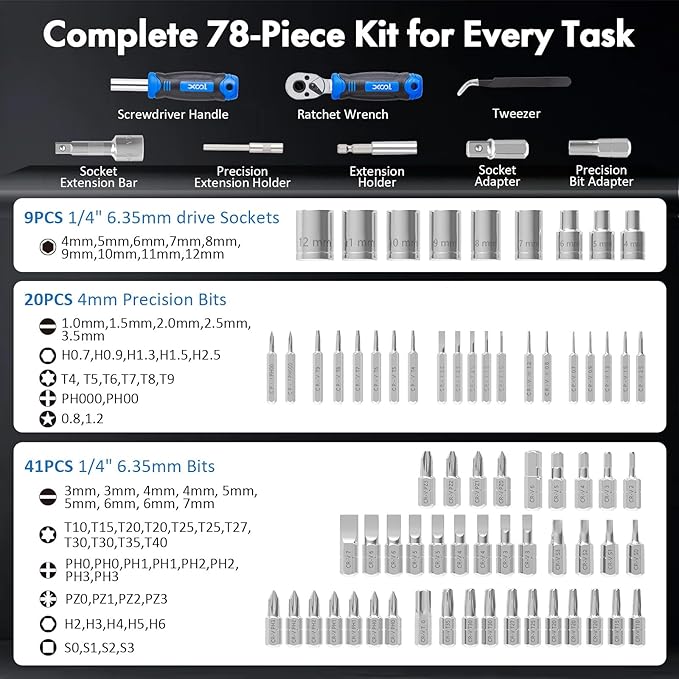 XOOL 78PCS Ratchet Screwdriver Set, Multi-Functional Precision Repair Tool Kit with 41PCS Bits, Precision Bits, 1/4" Sockets, Magnetic Tools for Electronics, Home Repair, DIY Toolbox
