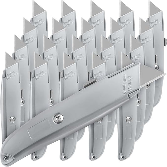 Reginary 20 Pcs Box Cutter Bulk Retractable Utility Knife Heavy Duty Aluminum Alloy Razor Knife for Cardboard Box Carton Opener for DIY, Factory, Home Office(Silver)