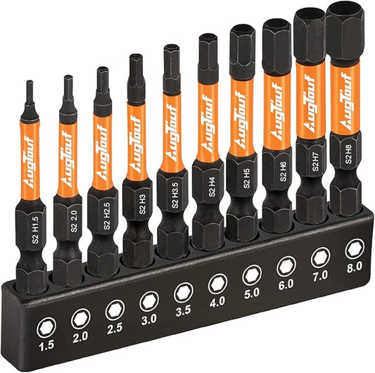 toolant Impact Hex Head Allen Wrench Drill Bit Set 10pcs (Metric), 1/4” Hex-Shank S2 Steel Hex Bits Set, CNC Machined Tips with Magnetism, 2” Long with Storage Box