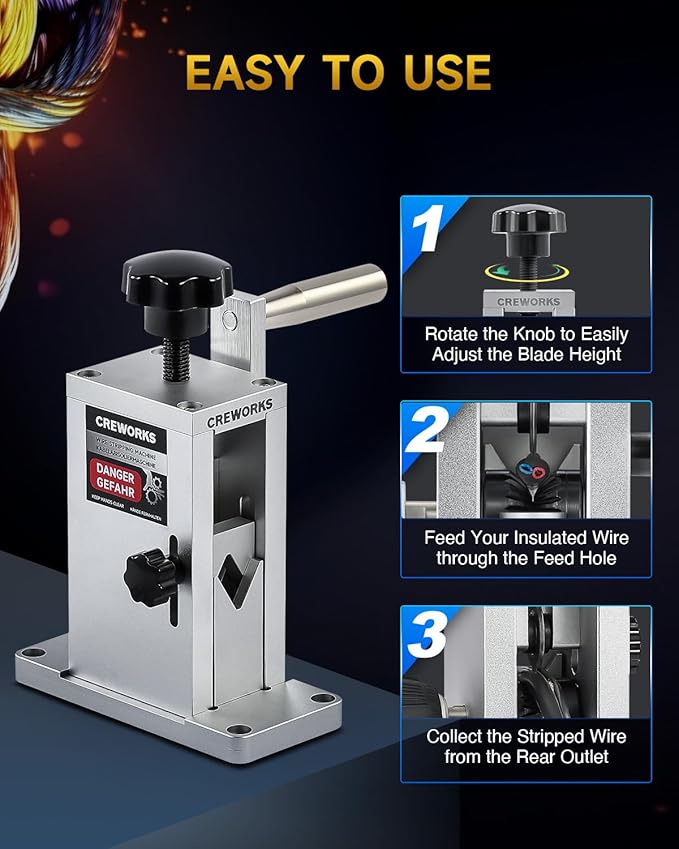 CREWORKS Manual Wire Stripper Machine with Patent, Drill Powered Wire Stripper with Adjustable Feed Hole, Portable Cable Stripping Tool with Hand Crank for 0.06"-0.9" Scrap Copper Cable Recycling