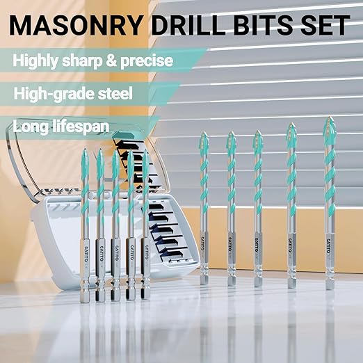CATITO Multi-Tooth Concrete Drill Bit Set - 10PCS -Light Blue, Multi-Tooth Masonry Drill Bit, Carbide Tipped, Hexagonal Shank Drill bit, Glass, Brick, Ceramics, Plastic and Wood