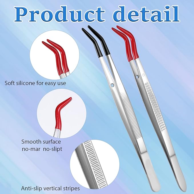 2 Pcs Tweezers Curved Bent Tip Craft Tweezers with Rubber Tips PVC Coated Long Stainless Steel Tweezer Metal Sticker Tweezer for Lab Jewelry Craft Tool Making DIY Crafting Stamp Red and Black