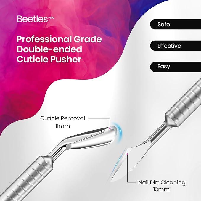 Beetles Pro 1-Pcs Dual-Ended Cuticle Pusher, Professional Horseshoe 11mm and Angled Blade 13mm Precise Cuticle Care, Stainless Steel Handle Nail Tools for Nail Art Prep ??Salon Quality Manicure Tool