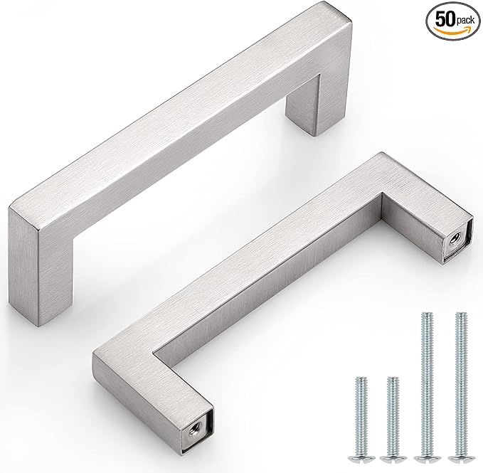 Probrico 50 Pack Square Kitchen Cabinet Handles 3-3/4 Holes Centers, Modern Dresser Pulls Stainless Steel Cupboard Pulls Furniture Hardware Contempory Style, 4-1/4" Overall Length