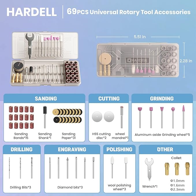 HARDELL Mini Cordless Rotary Tool, 5-Speed Rotary Tool Kit with 69 Accessories, 4V Power Rotary Tool for Cutting, Engraving, Sanding, Drilling, Polishing, Small Wood Carving tool or DIY Crafts竊늁ink)