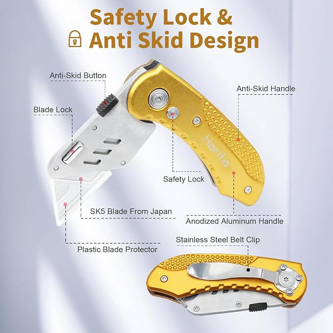Box Cutter Heavy Duty Utility Knife, Razor Knife, Lightweight Aluminum Handle, Back-lock Mechanism, Stainless Belt Clip, with 5-piece Extra Blades, for Carpet, Carton, Box, Cardboard Yellow
