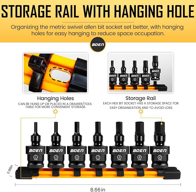 boen 3/8" Drive Universal Hex Bit Socket Set, 7-Piece Metric Impact Swivel Allen Bit Sockets, 360째 Rotation Flexible Wobble Hex Bit Driver Socket Set, With Storage Rail, CR-MO Steel