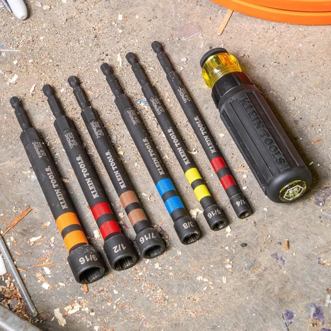 Klein Tools 32950 Ratcheting Impact Rated Hollow Power Nut Driver Set with Handle, Magnetic, Color Coded, 6 SAE Hex Sizes and Handle Included