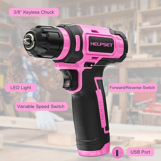 8V Cordless Drill Driver Set with 3/8" Keyless Chuck, 15pcs Bits, Type-C Charging, Built-in LED and Variable Speed for Drilling and Screwing, Toolbox (Pink)