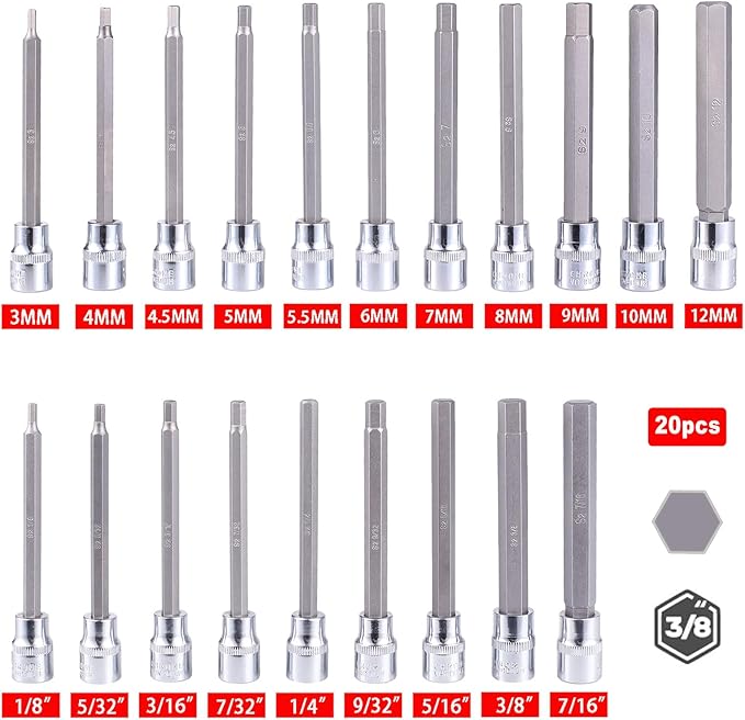 20PCS Extra Long Hex Bit Socket Set 3/8 Inch Drive | Standard SAE & Metric (1/8-Inch - 3/8-Inch, 3-12mm) | S2 Alloy Steel Allen Bits | Heavy Duty Cr-V Sockets Set