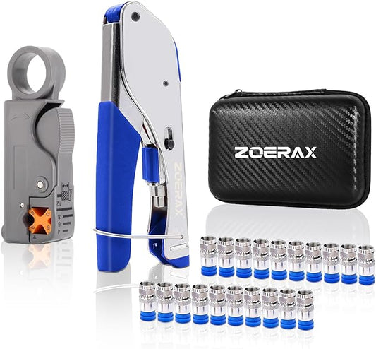 ZOERAX Coax Cable Crimper Kit for RG59 RG6, 3-in-1 Coaxial Tool Set, Includes Stripper & 20PCS F Connectors, Compatible with RG11/RG7, for Satellite TV, Home Theater & Network Cabling
