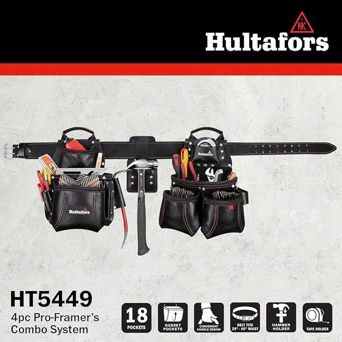 Hultafors Work Gear HT5449 4 Piece Premium Leather Pro-Framer's Combo System, Tool Belt, Double-Gusset Front Pockets, Molded Tape Holder, Leather Sleeves for Pry Bar, Combination Square, 18 Pockets