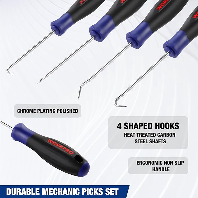 WORKPRO 4-Piece Precision Pick and Hook Set with Pouch, Angled Pick, Straight Pick, 90-degree Pick, Full Hook, Mini Pick Set Mechanic, Remove Small Fuses, Wire Plugs and "O" Rings, Gunsmith Tools