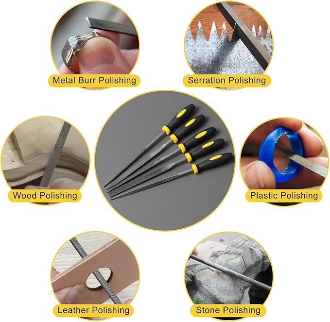 Mini Metal Needle File Set, 5pcs, Small Hand Files Set for Detail and Precise Work, Hardened Alloy Strength Steel File Tools Includes Round, Bi Half-Round, Flat, Square, Triangular File