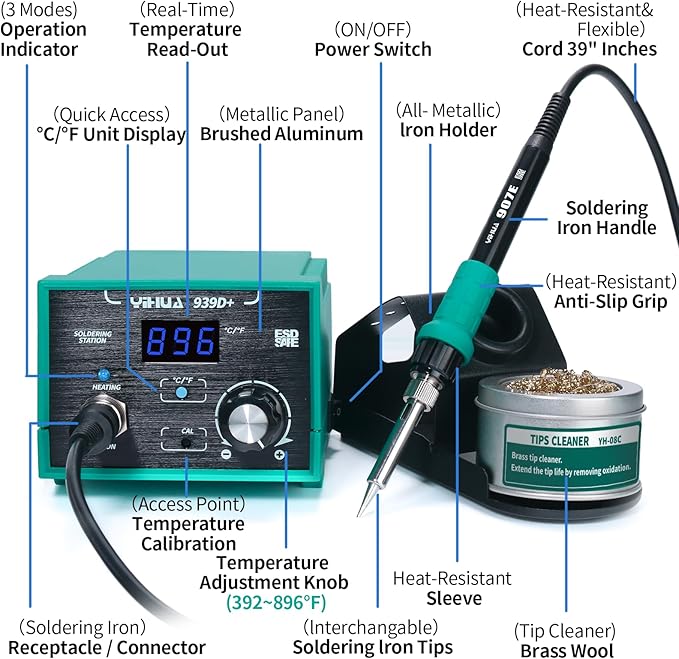 YIHUA 939D+ Digital Soldering Station, 75W Equivalent with Precision Heat Control (392째F to 896째F) and Built-in Transformer. ESD Safe, Lead Free with 째C/째F display (Green)