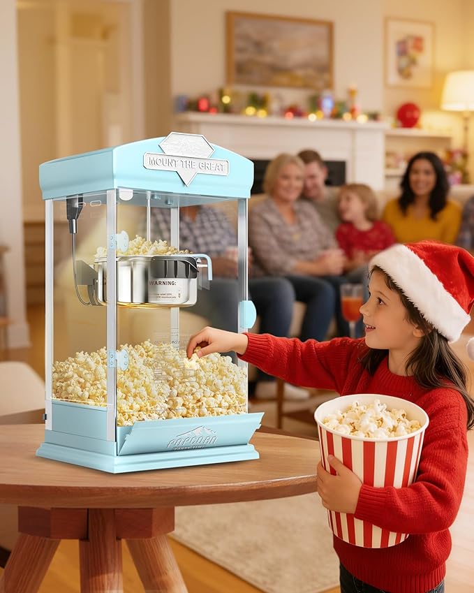 8 Oz Popcorn Machine, Tabletop Popcorn Maker, Countertop Pop Corn Machine Makes Up to 32 Cups, Movie Theater Popcorn Popper Machine with Stainless-Steel Kettle for Home Family, 300 W, Cyan
