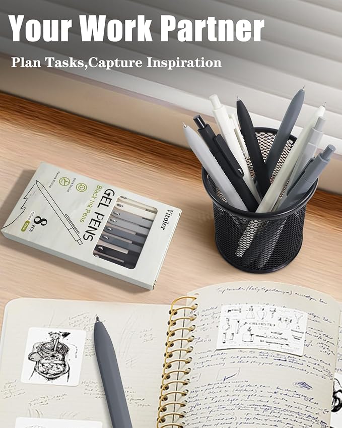 Vitoler Pens,0.5 mm Fine Point Pen Smooth Writing,8 pcs Black Gel Pens for Office School Teacher Supplies,Quick Dry Pens for Nurses Aesthetic