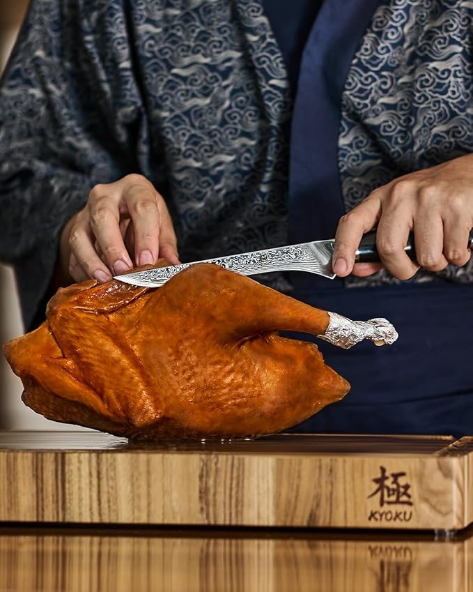 KYOKU Knife Set, Shogun Gin Series 3pc Japanese Style Kitchen Knife Set for Cooking, 7" Boning 12" Slicing 10" Scimitar Knife with Silver Ion Blade Sheath Gift Box, Damascus Stainless Steel Knives