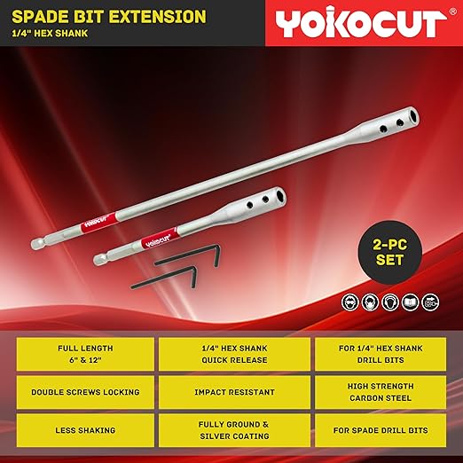 Drill Bit Extension Set, 6 and 12 Inches 1/4 Hex Shank Extension for Spade Bits, 2X Hex Key Included, Wood Spade Drill Bit Extension