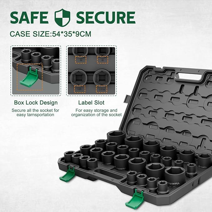 3/4 Inch Drive Impact Socket Set, 6-Point Design, CR-MO Steel, 30 PCS Large Impact Socket Set, SAE (11/16??to 2?? and Metric (17mm to 60mm), Rugged Construction, Heavy Duty Impact Sockets